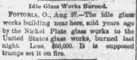 newspaper article about Nickel Plate Glass Company factory burning down