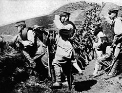 Soldiers of the 18th division, Imperial Japanese Army occupy an abandoned German trench during the Siege of Tsingtao, 1914