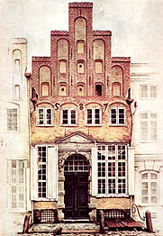Das Aquarell von J. W. Cordes von 1847 dokumentiert eine für Lübeck typische Haus-Vorplatzsituation mit abgegrenztem Kellerhals: Mengstraße 42 vor dem Umbau zu einem spätklassizistischen Mietshaus