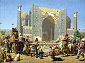 Image 15Triumphant crowd at Registan, Sher-Dor Madrasah. The Emir of Bukhara viewing the severed heads of Russian soldiers on poles. Painting by Vasily Vereshchagin (1872). (from History of Uzbekistan)