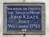 Corporation of London plaque on the site of John Keats' birthplace