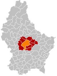 Map of Luxembourg with Mersch highlighted in orange, and the canton in dark red