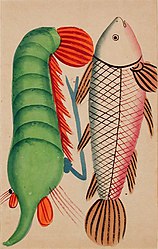 Prawn with a Rohu fish, Kalighat Painting. Freshwater fishes and crustaceans are staple diet in eastern regions, prominently in Bengal.