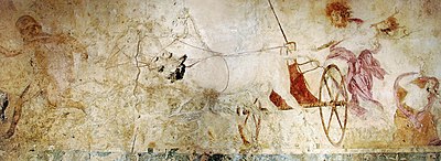 Wall fresco depicting Hades, riding in a horse-drawn chariot, beside Persephone, who is on the ground.