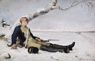 Haavoittunut soturi hangella, Helene Schjerfbeck, 1880, joka ei ole tietystä tarinasta, mutta on teemaltaan vahvasti vaikuttunut Runebergin tarinoista[29]