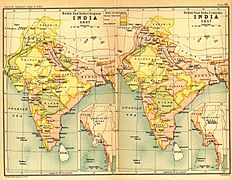 Índia em 1837 e 1857, mostrando em rosa os territórios governados pela Companhia das Índias Orientais.
