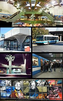 Top: Lionel-Groulx Metro station and STM logo. Prior to 2002, it was referred to as STCUM. Second row: Honoré-Beaugrand Metro station, a 1996 NovaBus LFS "167 Le Casino" leaving the Montreal Biosphère and heading to the Casino de Montréal. Third row: Georges-Vanier Metro station, Berri-UQAM Metro station. Bottom: Montreal's first two mayors, Jacques Viger and Peter McGill, in stained glass in the McGill Station of the Montreal Metro.