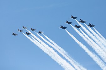 Thunderbirds tillsammans med Blue Angels över Washington, D.C. under coronaviruspandemin, 2 maj 2020.