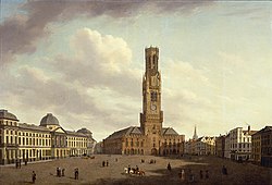 De Markt in 1826, met links het classicistische Provinciaal Hof dat in 1878 afbrandde. Schilderij door Auguste Van den Steene, Groeningemuseum.