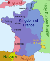 A map of French territory as it was in 1340, showing the enclave of Gascony in the southwest