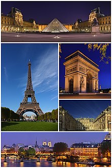 巴黎意象：從上方順時針依序為羅浮宮、凱旋門、凡爾賽宮、藝術橋與巴黎夜景、艾菲爾鐵塔