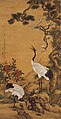 Piñeiro, ameixas e grúas, 1759, de Shen Quan (1682—1760). Rolo colgante, tinta e cor sobre seda. No Museo de Palacio, Pequín.