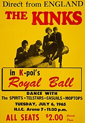 Yellow poster with photo of the Kinks; see image page for full text of poster