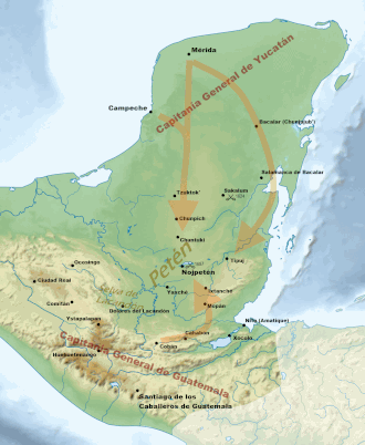 Map of the Yucatán Peninsula, jutting northwards from an isthmus running northwest to southeast. The Captaincy General of Yucatán was located in the extreme north of the peninsula. Mérida is to the north, Campeche on the west coast, Bacalar to the east and Salamanca de Bacalar to the southeast, near the east coast. Routes from Mérida and Campeche joined to head southwards towards Petén, at the base of the peninsula. Another route left Mérida to curve towards the east coast and approach Petén from the northeast. The Captaincy General of Guatemala was to the south with its capital at Santiago de los Caballeros de Guatemala. Several colonial towns roughly followed a mountain range running east-west, including Ocosingo, Ciudad Real, Comitán, Ystapalapán, Huehuetenango, Cobán and Cahabón. A route left Cahabón eastwards and turned north to Petén. Petén and the surrounding area contained a number of native settlements. Nojpetén was situated on a lake near the centre; several settlements were scattered to the south and southwest, including Dolores del Lacandón, Yaxché, Mopán, Ixtanché, Xocolo and Nito. Tipuj was to the east. Chuntuki, Chunpich and Tzuktokʼ were to the north. Sakalum was to the northeast. Battles took place at Sakalum in 1624 and Nojpetén in 1697.