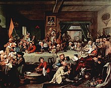 a satirical painting by William Hogarth. It shows canvassers for the Whig Party relaxing in an inn after an affray outside with their opponents from the Tory Party. On the floor, trampled underfoot, is a Tory campaign poster reading "Give us our Eleven Days"