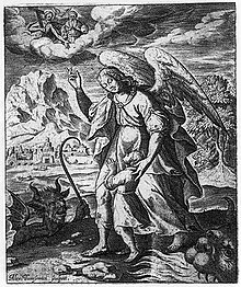 gravure montrant un ange montrant à un jeune enfant des nuages où se tiennent des hommes portant une croix
