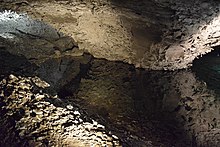 An overhanging inside the Barbarossa Cave. Flakes of gypsum can be seen on the ceiling.