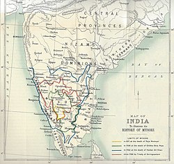 Mysore is shown in west-central peninsular India with the Madras Presidency bordering it on the east, west, and south, with the Arabian Sea, Indian Ocean, and the Bay of Bengal surrounding the peninsula, and with Sri Lanka in the vicinity to the south-east