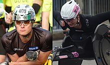 Left: Headshot of a white man with black top, sunglasses and a silver helmet. Right: Woman in a wheelchair wearing all black with a white helmet.
