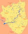 Mapa en rusu del ríu Kama que flúi en direición oeste por Tatarstan, hasta confluyir col Volga