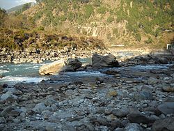 The Nandakini River (foreground) meets the Alaknanda River (background) in Nandaprayag
