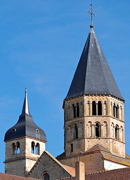 The octagonal crossing tower of the Abbey church at Cluny influenced the building of other polygonal crossing towers in France, Spain and Germany. (See pic. Maria Laach Abbey, above)
