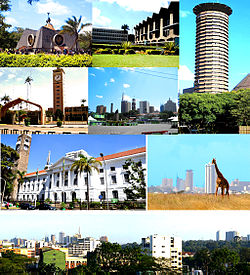 Clockwise from top: central business district; a giraffe walking in Nairobi National Park; Parliament of Kenya; Nairobi City Hall; and the Kenyatta International Convention Centre