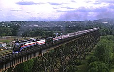 SP 4449 in the Amtrak Transcontinental Steam Excursion crossing the Sacramento River bridge at Redding, CA, on April 29, 1977, while returning to Portland, Oregon