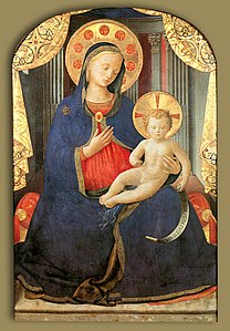 Throughout the 14th and 15th centuries, the robes of the Virgin Mary were painted with ultramarine. This is The Virgin of Humility by Fra Angelico (about 1430). Blue fills the picture.