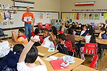 Teacher faces a full classroom, children raising arms to speak, teacher is holding a sign that says "Aislador" (insulator)