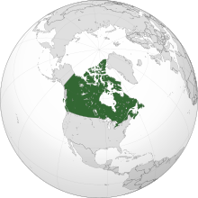 उत्तर अमेरिका के नक्शा पर कनाडा हरियर रंग से