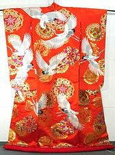 A red wedding kimono, or uchikake, from Japan. Brides in Japan can wear either a white kimono or bright colors.