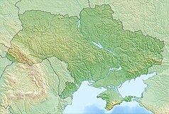 Mapa konturowa Ukrainy, blisko centrum na lewo u góry znajduje się punkt z opisem „źródło”, natomiast blisko centrum u góry znajduje się punkt z opisem „ujście”