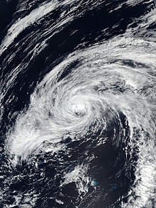 Satellite image of Walaka as a minimal Category 1 hurricane early on October 5, while located northwest of the main Hawaiian Islands