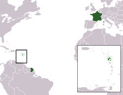 Карта Францыі з выдзеленым рэгіёнам Гвадэлупа