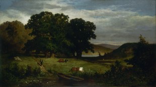 A pastoral oil painting with a small pond in the foreground, with cows grazing nearby. A man is walking down a path toward the pond, with oars carried over his shoulder. A copse of oak trees darken the center and left side of the background, while further back at right another body of water and hills are visible.