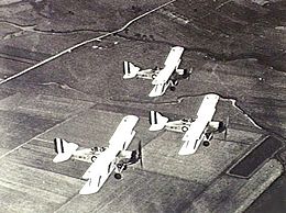 Overhead view of three single-engined biplanes in flight