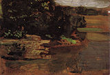 Landscape sketch, from two-sided sketch for Swimming, oil on paperboard, 4 × 5+3⁄4 in (10 × 15 cm), 1884