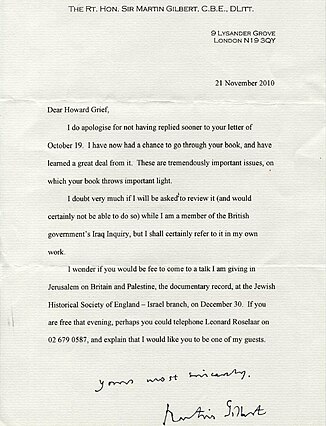 Letter sent by Sir Martin Gilbert to Howard Grief