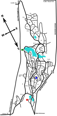 The cemetery is a slim property running northeast–southwest and bounded on the long sides by New York Route 40 and an old railroad bed. This map shows the length of the property vertically (north is to the top left). Toward the bottom is the main entrance and the Earl Crematorium. A third of the way into the propert, roughly center, is the location of the Warren Chapel. Middle left is the location of the panorama. The cemetery has about five man-made lakes and 29 miles of meandering roads creating a web of pathways on the property.