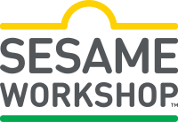 Logo for Sesame Workshop, created in 2018 simultaneously. Features the words "SESAME WORKSHOP" (all-caps) in gray inside border lines of yellow on the top and green on the bottom that together form a shape similar to the "Sesame Street" sign.