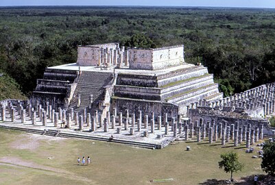 Temple of the Warriors in 1986 - The Temple of the Big Tables, immediately to the left, was unrestored at that time
