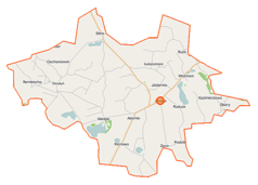 Mapa konturowa gminy Zbójno, po lewej znajduje się punkt z opisem „Działyń”