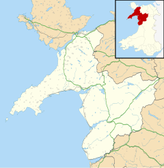 Map of Gwynedd, with a red dot showing the position of Blaenau Ffestiniog