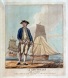 Uniform of a lieutenant in the Royal Navy (1777). Marine blue became the official colour of the Royal Navy uniform coat in 1748.