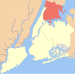 Kaart van New York wat The Bronx in oranje aandui.