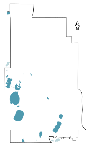 Lakes, in blue, against a white background with the outline of Minneapolis in black