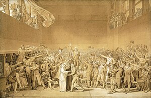The focus of the chalk drawing is at the center, where one man is standing on a table. Below him, three men are grouped together, joining hands. Around them are dozes of men, with their hands upraised. People look in from the windows.
