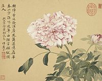 Pioenen door Yun Shouping (zeventiende eeuw), vogel- en bloemschildering op papier