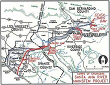 A map showing the Santa Ana River, a few of its tributaries, county boundaries, and a floodplain boundary